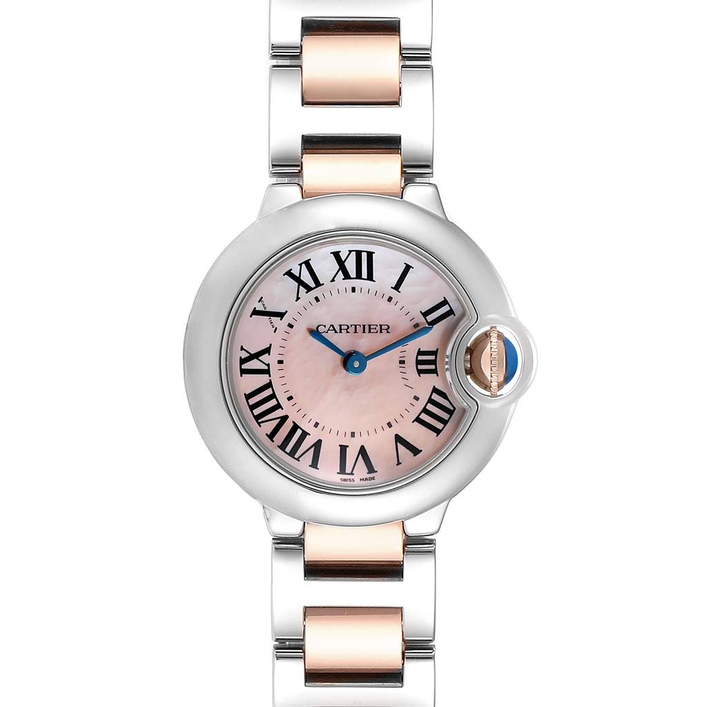 The image shows a front view of the Ballon Bleu model by Cartier, displaying the watch face and part of the two-tone bracelet.