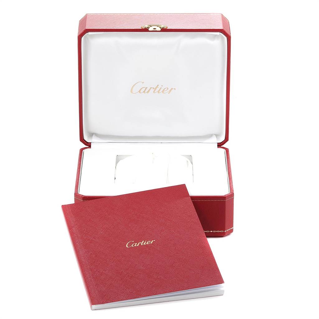 The image shows an open Cartier Ballon Bleu W6920034 Women's Steel and Gold (two tone) Mother of Pearl Dial W6920034 Women's Steel and Gold (two tone) Mother of Pearl Dial watch box and a Cartier booklet.