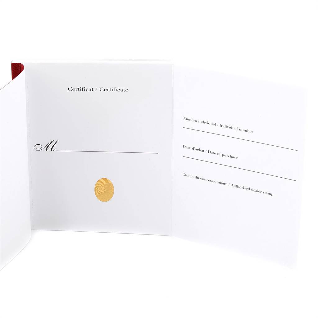 The image shows an open warranty booklet for the Ballon Bleu model by Cartier, displaying spaces for individual number, date, and dealer stamp.