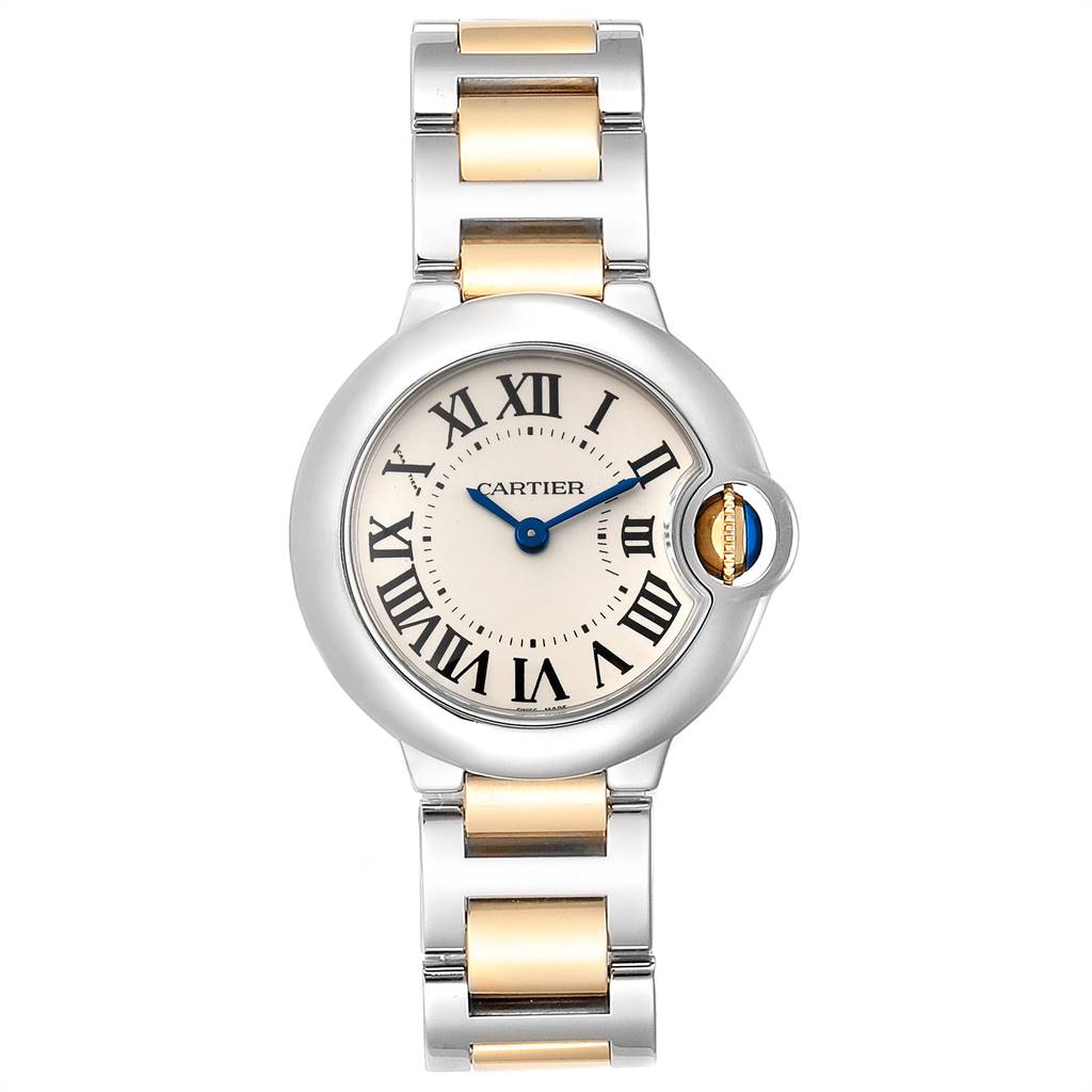 This image shows a frontal view of a Cartier Ballon Bleu W69007Z3 Women
s Steel and Gold (two tone) Silver Dial W69007Z3 Women
s Steel and Gold (two tone) Silver Dial watch, featuring its round dial, Roman numerals, and metal bracelet.