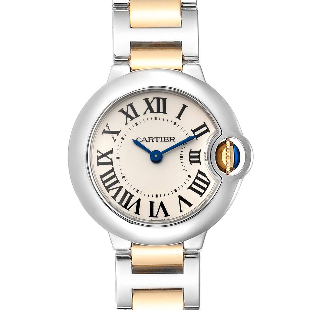This image shows a front view of the Cartier Ballon Bleu W69007Z3 Women
s Steel and Gold (two tone) Silver Dial W69007Z3 Women
s Steel and Gold (two tone) Silver Dial watch, highlighting the dial, Roman numerals, and two-tone band.