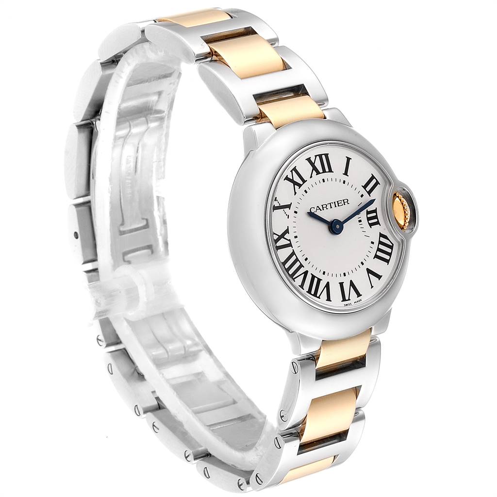 The image shows a side angle of the Cartier Ballon Bleu W69007Z3 Women
s Steel and Gold (two tone) Silver Dial W69007Z3 Women
s Steel and Gold (two tone) Silver Dial watch, highlighting its two-tone metal bracelet and Roman numeral dial.