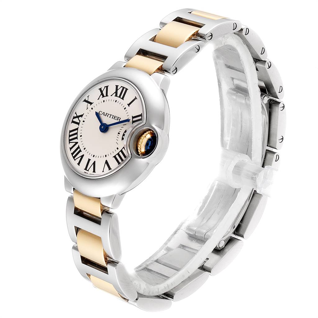 The Cartier Ballon Bleu W69007Z3 Women
s Steel and Gold (two tone) Silver Dial W69007Z3 Women
s Steel and Gold (two tone) Silver Dial watch is shown at a slight angle displaying its face, band, and side profile.