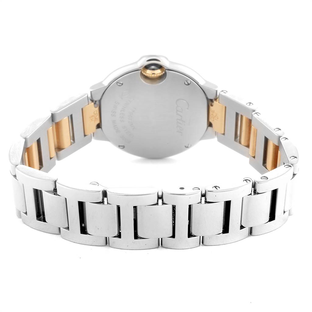 The image shows a rear view of the Cartier Ballon Bleu W69007Z3 Women
s Steel and Gold (two tone) Silver Dial W69007Z3 Women
s Steel and Gold (two tone) Silver Dial watch, highlighting its back case and metal bracelet.