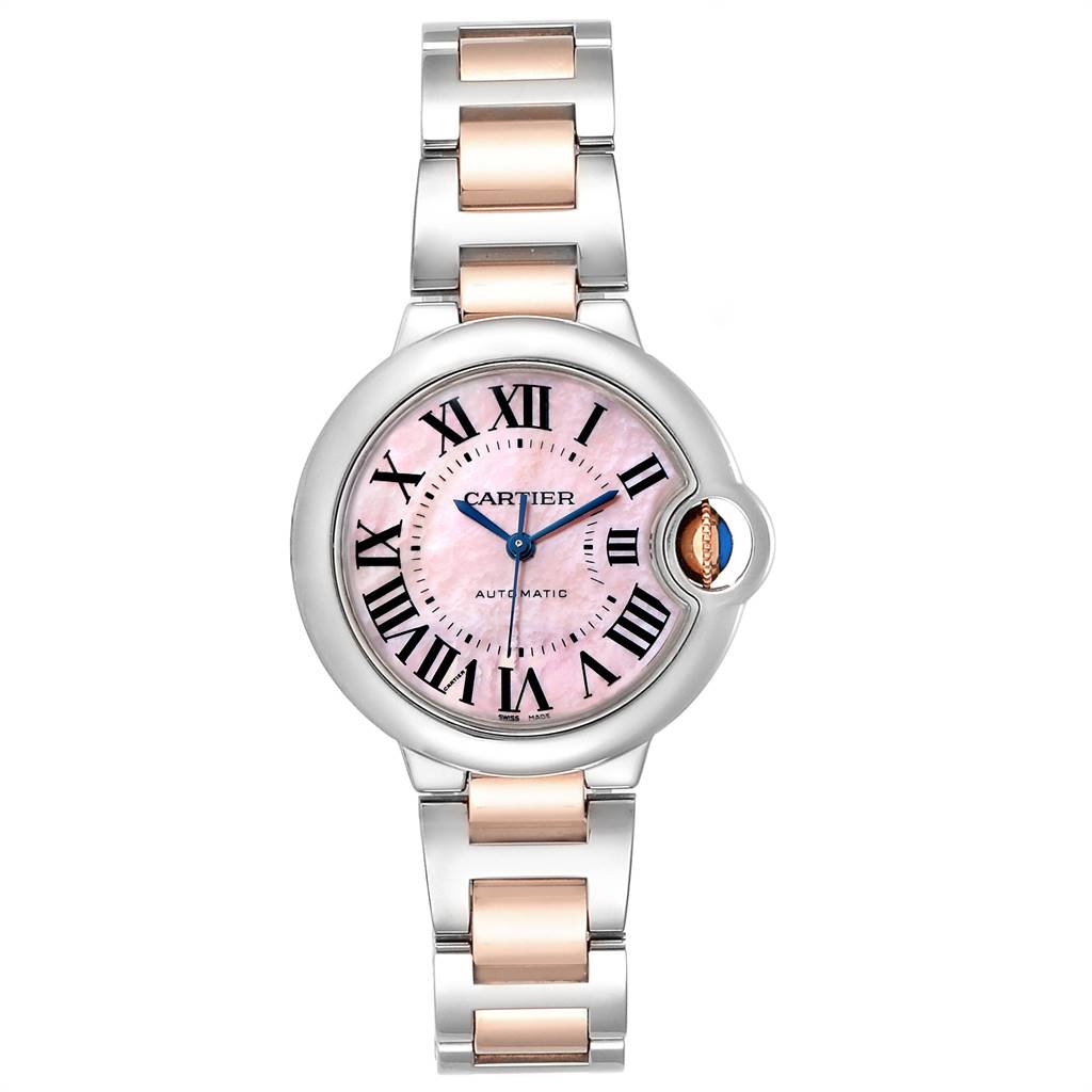 The image shows a front view of a Cartier Ballon Bleu W6920098 Women
s Steel and Gold (two tone) Mother of Pearl Dial W6920098 Women
s Steel and Gold (two tone) Mother of Pearl Dial watch, highlighting its pink dial, Roman numerals, and two-tone bracelet.
