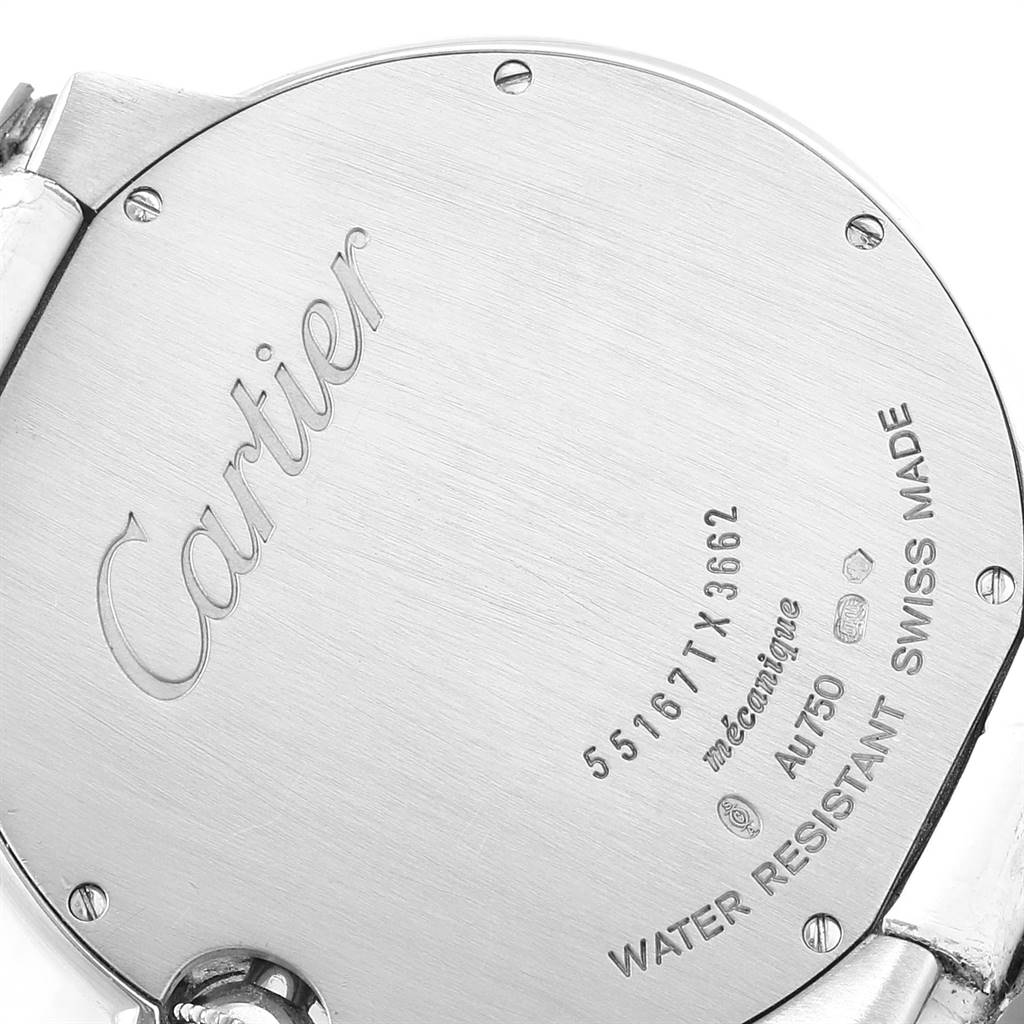 The image shows the back case of a Cartier Ballon Bleu WE902056 Women's White Gold Silver Dial WE902056 Women's White Gold Silver Dial watch, detailing its engravings and screws.