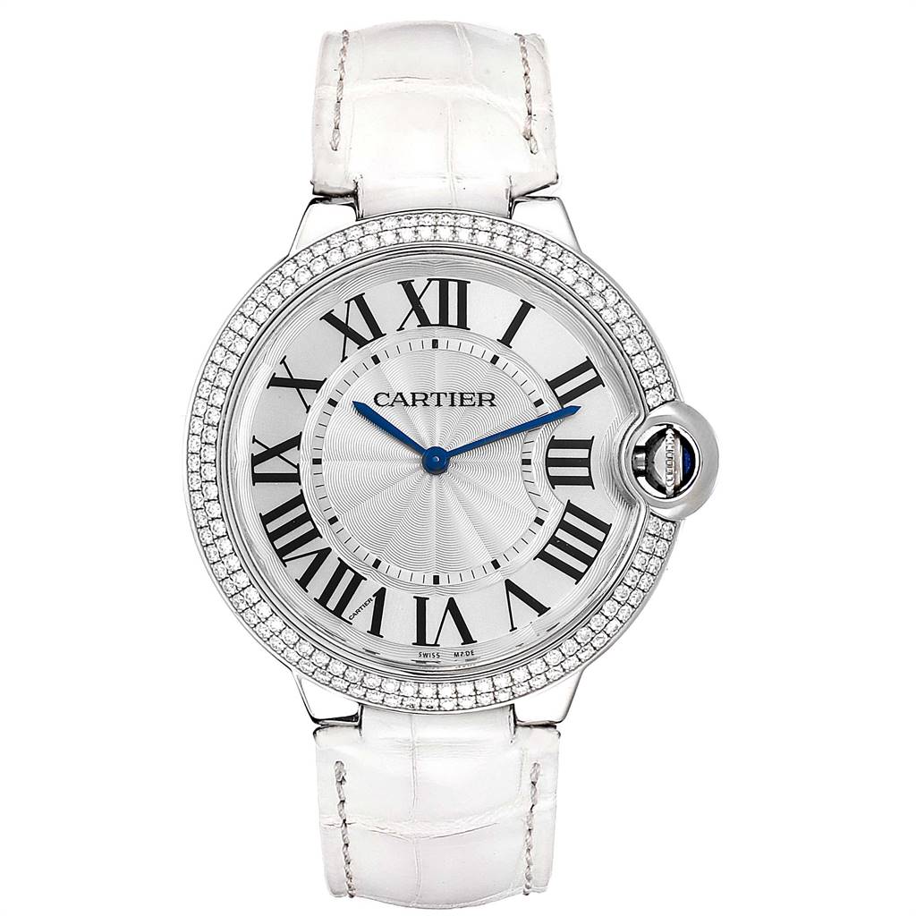 The image shows a front view of the Cartier Ballon Bleu WE902056 Women's White Gold Silver Dial WE902056 Women's White Gold Silver Dial watch, displaying its dial, bezel, hands, and strap.