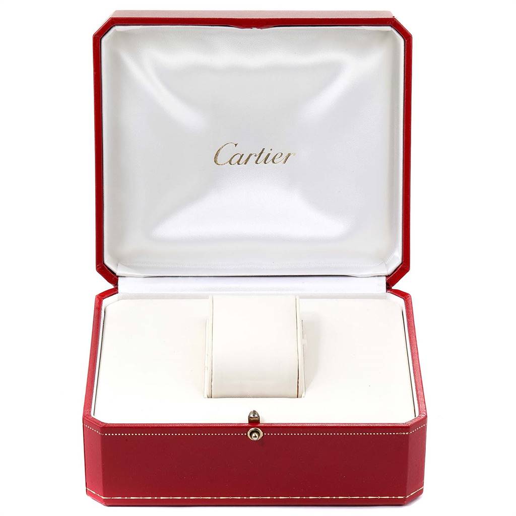 The image shows an open Cartier Ballon Bleu WE902074 Women
s Stainless Steel Silver Dial WE902074 Women
s Stainless Steel Silver Dial watch box with a cushioned holder inside.
