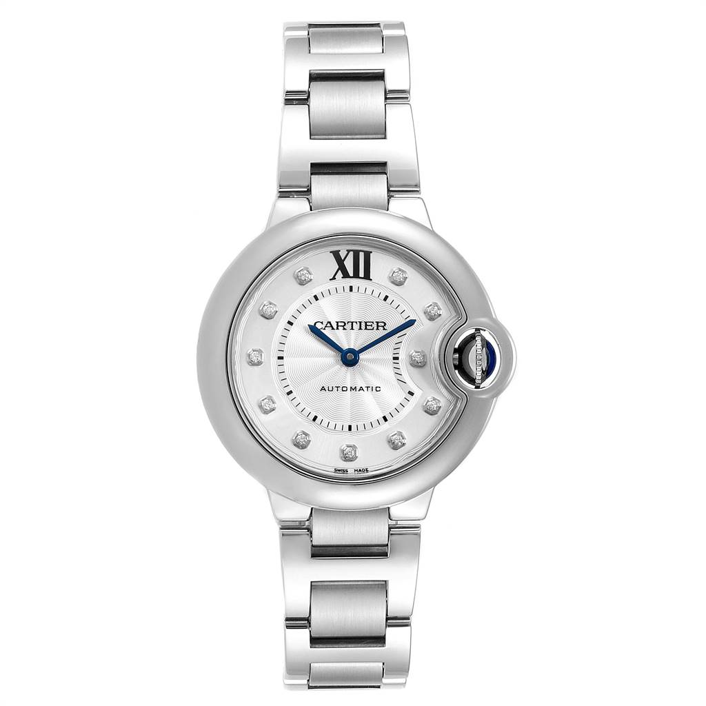 The image shows a front-view angle of the Cartier Ballon Bleu WE902074 Women
s Stainless Steel Silver Dial WE902074 Women
s Stainless Steel Silver Dial watch, highlighting its silver bracelet and classic round dial with Roman numeral markers.