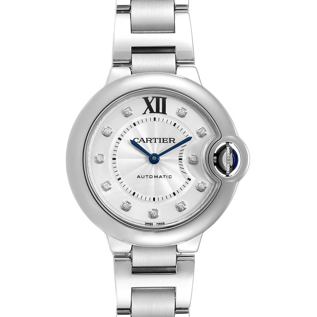 The image shows a front view of the Cartier Ballon Bleu WE902074 Women
s Stainless Steel Silver Dial WE902074 Women
s Stainless Steel Silver Dial model watch, highlighting its dial, bezel, and bracelet.