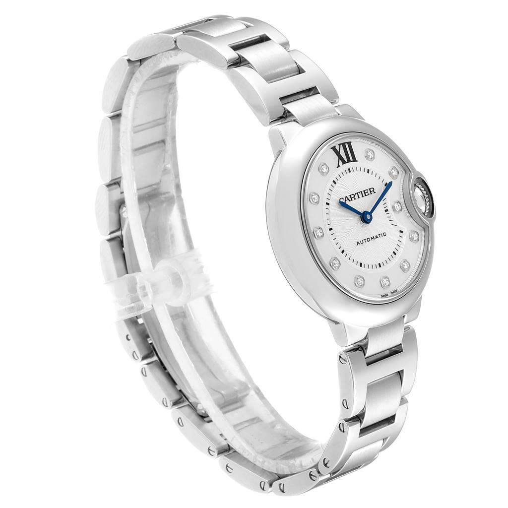 This image shows a side angle of the Cartier Ballon Bleu WE902074 Women
s Stainless Steel Silver Dial WE902074 Women
s Stainless Steel Silver Dial watch, highlighting the front face, bracelet, and crown.