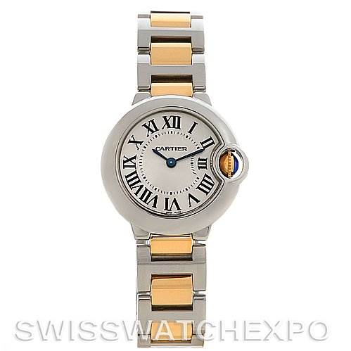 The image shows a front view of a Cartier Ballon Bleu W69007Z3 Women
s Stainless Steel Silver Dial W69007Z3 Women
s Stainless Steel Silver Dial watch with a silver and gold-toned bracelet and a round face with Roman numerals.