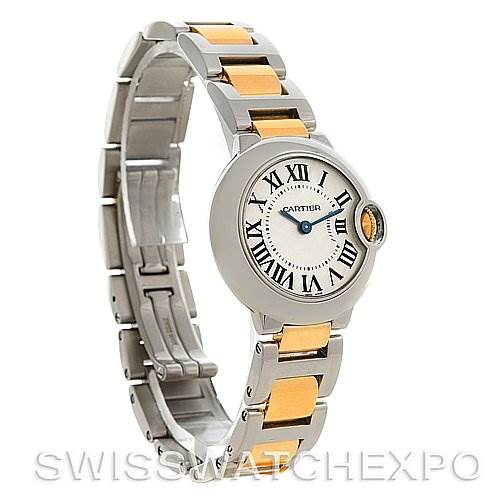 This image shows a side angle of the Cartier Ballon Bleu W69007Z3 Women
s Stainless Steel Silver Dial W69007Z3 Women
s Stainless Steel Silver Dial watch, highlighting its face, bracelet, and detailing.