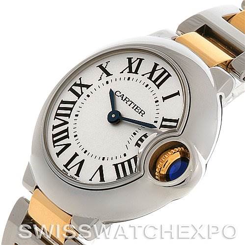 This image shows a close-up, angled view of the Cartier Ballon Bleu W69007Z3 Women
s Stainless Steel Silver Dial W69007Z3 Women
s Stainless Steel Silver Dial watch, highlighting the face, Roman numerals, and part of the bracelet.