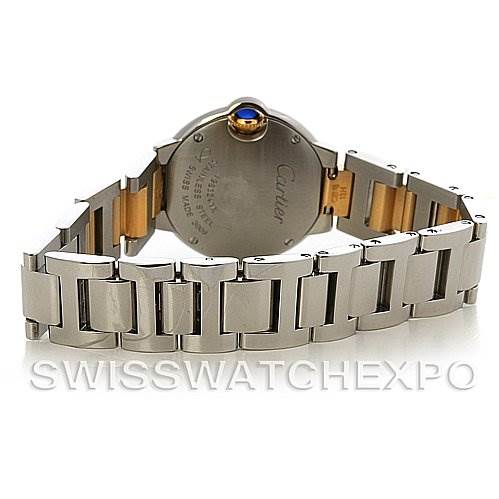 The image shows the back view of a Cartier Ballon Bleu W69007Z3 Women
s Stainless Steel Silver Dial W69007Z3 Women
s Stainless Steel Silver Dial watch, highlighting the case back and metal bracelet.