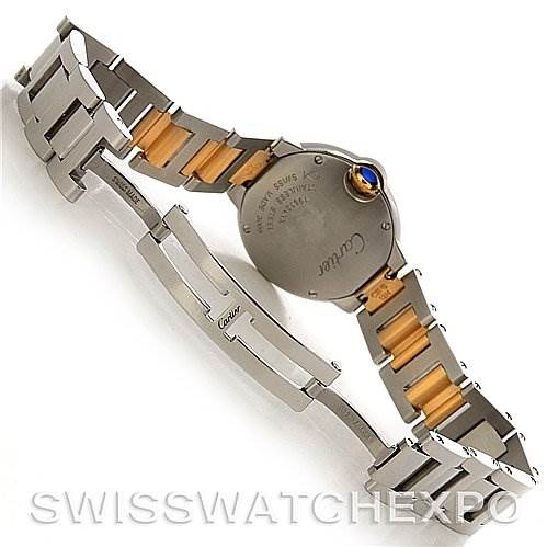 The image shows the back view of the Ballon Bleu de Cartier watch, highlighting the clasp and stainless steel and gold bracelet.