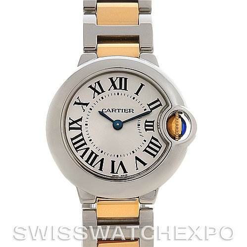 This image shows a front view of the Cartier Ballon Bleu W69007Z3 Women
s Stainless Steel Silver Dial W69007Z3 Women
s Stainless Steel Silver Dial watch, displaying its face and part of the bracelet.