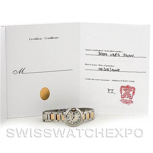 The image shows a Cartier Ballon Bleu W69007Z3 Women
s Stainless Steel Silver Dial W69007Z3 Women
s Stainless Steel Silver Dial watch with its original certificate and paperwork, viewed from the front.