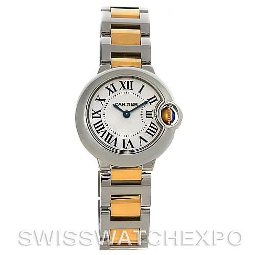 The image shows a Cartier timepiece, not a Rolex Submariner W69007Z3 Men's Stainless Steel Silver Dial W69007Z3 Men's Stainless Steel Silver Dial; the watch has a silver-gold bracelet and a white Roman numeral dial.