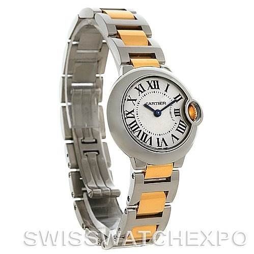 This is a Cartier watch with a silver and gold bracelet, displaying the face with Roman numerals.