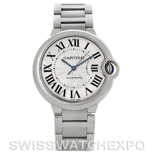 The image shows a front view of a Cartier Ballon Bleu W6920046 Stainless Steel Silver Dial W6920046 Stainless Steel Silver Dial watch, highlighting the dial, Roman numeral hour markers, and bracelet.