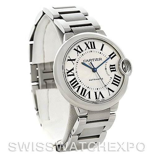 The image shows a Cartier Ballon Bleu W6920046 Stainless Steel Silver Dial W6920046 Stainless Steel Silver Dial watch at a slight angle, featuring its face, bracelet, and signature blue hands.