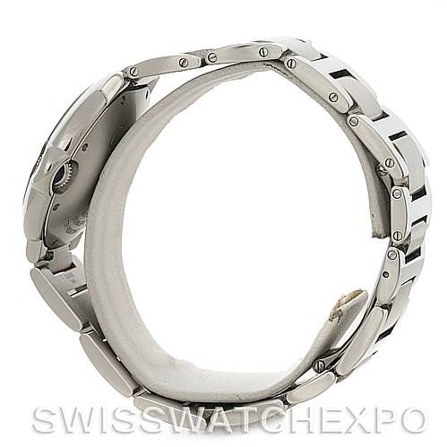 This image shows the side view of a Ballon Bleu de Cartier watch, highlighting its case, crown, and metal bracelet.