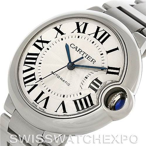 The image shows a Cartier Ballon Bleu W6920046 Stainless Steel Silver Dial W6920046 Stainless Steel Silver Dial watch face and part of the metal bracelet, taken from a front-angle view.