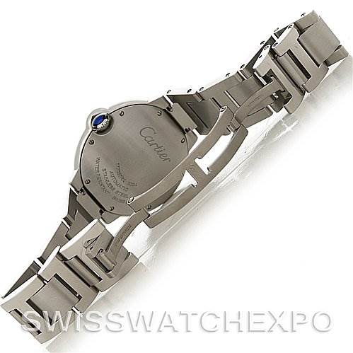 This image shows the back of the Cartier Ballon Bleu W6920046 Stainless Steel Silver Dial W6920046 Stainless Steel Silver Dial watch, highlighting the bracelet and clasp in a laid-open position.