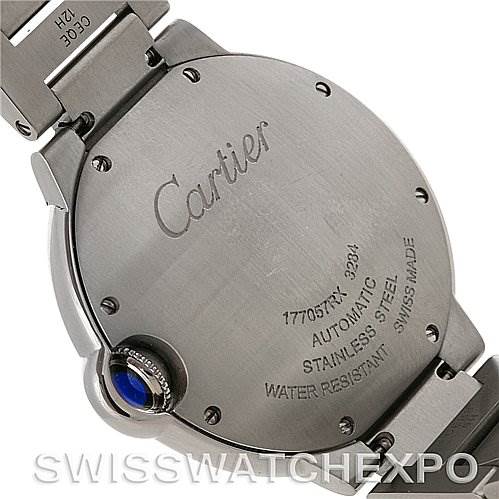 This image shows the back case and part of the bracelet of the Cartier Ballon Bleu W6920046 Stainless Steel Silver Dial W6920046 Stainless Steel Silver Dial watch, highlighting the engraving and specifications.