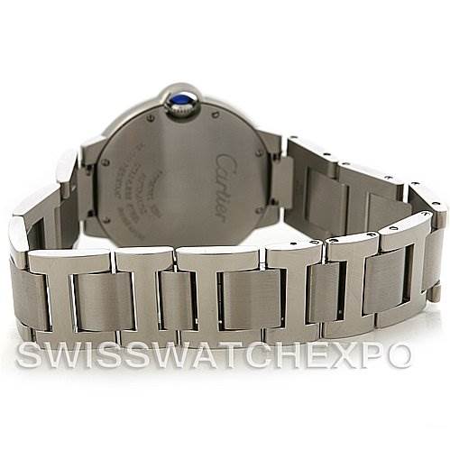 This image shows the back and bracelet of a Ballon Bleu by Cartier watch, featuring a metal link band.