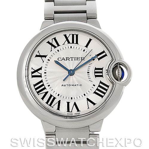 This image shows the full front view of a Cartier Ballon Bleu W6920046 Stainless Steel Silver Dial W6920046 Stainless Steel Silver Dial watch, displaying its dial, hands, and part of the metal bracelet.