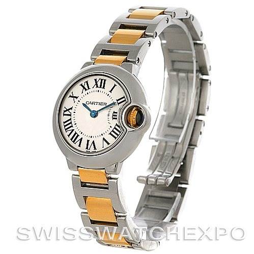 This image shows a side view of a Cartier Ballon Bleu W69007Z3 Women
s Stainless Steel Silver Dial W69007Z3 Women
s Stainless Steel Silver Dial watch, highlighting its round face, Roman numerals, and two-tone metal bracelet.