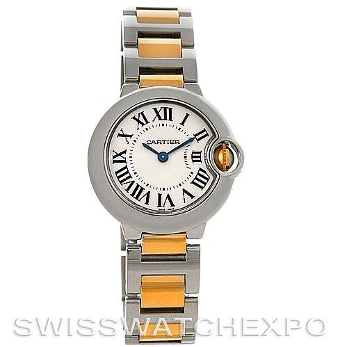 The image shows a frontal view of the Cartier Ballon Bleu W69007Z3 Women
s Stainless Steel Silver Dial W69007Z3 Women
s Stainless Steel Silver Dial watch, showcasing its stainless steel and gold bracelet, and Roman numeral dial.