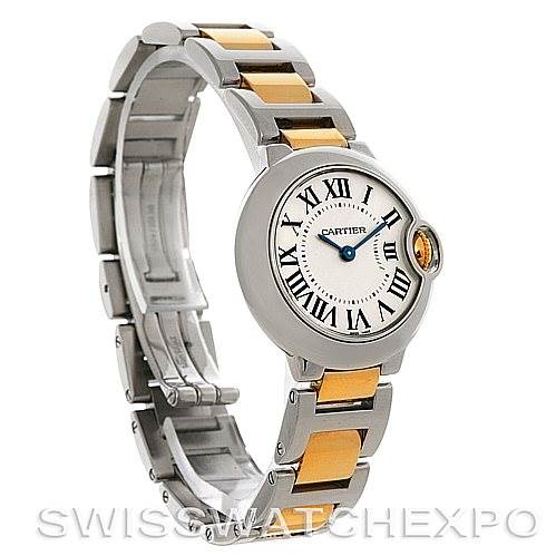 The image shows a side angle view of a Ballon Bleu de Cartier watch, highlighting the face, bracelet, and clasp.