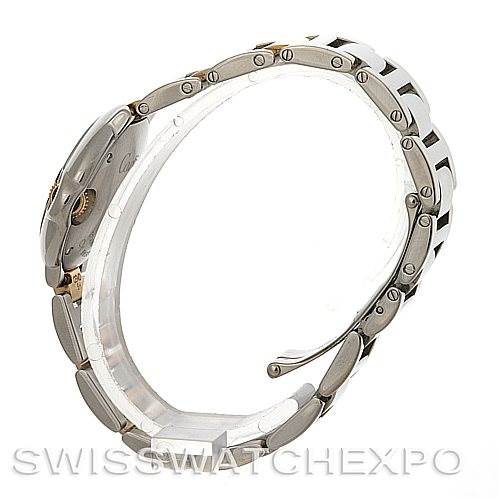 This image shows a side view of the bracelet and case of the Cartier Ballon Bleu W69007Z3 Women
s Stainless Steel Silver Dial W69007Z3 Women
s Stainless Steel Silver Dial watch, highlighting its metallic links and curvature.