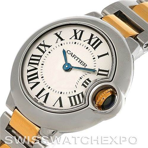 The image shows the face and part of the bracelet of a Cartier Ballon Bleu W69007Z3 Women
s Stainless Steel Silver Dial W69007Z3 Women
s Stainless Steel Silver Dial watch from a slightly angled perspective.