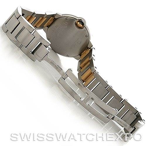 This image shows the back and band of a Cartier Ballon Bleu W69007Z3 Women
s Stainless Steel Silver Dial W69007Z3 Women
s Stainless Steel Silver Dial watch with a partially open bracelet clasp.