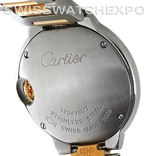 The image shows the back of a Cartier Ballon Bleu W69007Z3 Women
s Stainless Steel Silver Dial W69007Z3 Women
s Stainless Steel Silver Dial watch, highlighting the stainless steel casing and visible engravings.