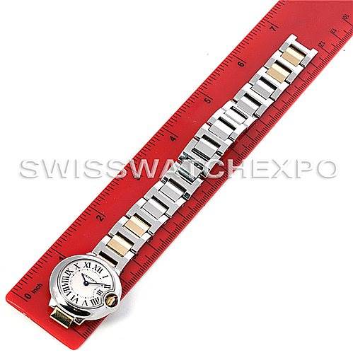 The image shows a side view of the bracelet and face of a Cartier Ballon Bleu W69007Z3 Women
s Stainless Steel Silver Dial W69007Z3 Women
s Stainless Steel Silver Dial watch placed next to a ruler for scale.