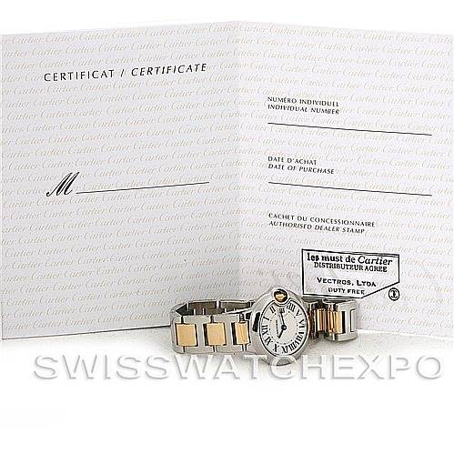 The image shows a Cartier Ballon Bleu W69007Z3 Women
s Stainless Steel Silver Dial W69007Z3 Women
s Stainless Steel Silver Dial watch with a certificate and dealer information displayed in the background.
