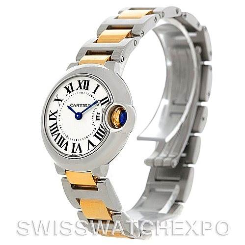 The image shows a Cartier Ballon Bleu W69007Z3 Women
s Stainless Steel Silver Dial W69007Z3 Women
s Stainless Steel Silver Dial watch at a slight side angle, highlighting its face, crown with blue stone, and metal bracelet.