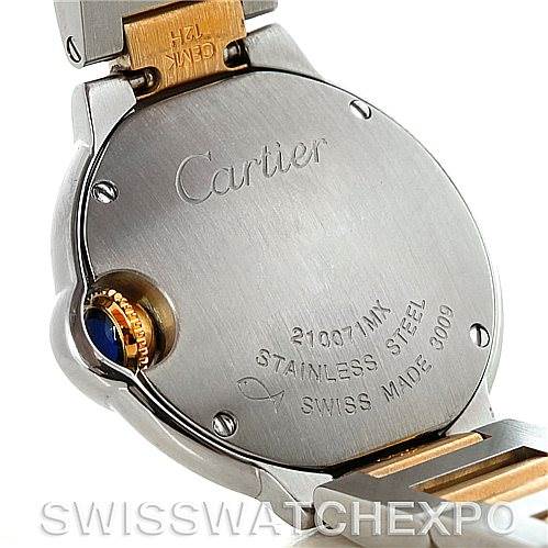 The image shows the back case of a Cartier Ballon Bleu W69007Z3 Women
s Stainless Steel Silver Dial W69007Z3 Women
s Stainless Steel Silver Dial watch, highlighting the brand engraving and stainless steel material.