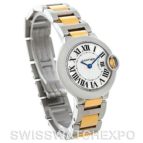 This image shows a Cartier Ballon Bleu W69007Z3 Women
s Stainless Steel Silver Dial W69007Z3 Women
s Stainless Steel Silver Dial watch angled to display the face, bezel, crown, and a portion of its two-tone bracelet.