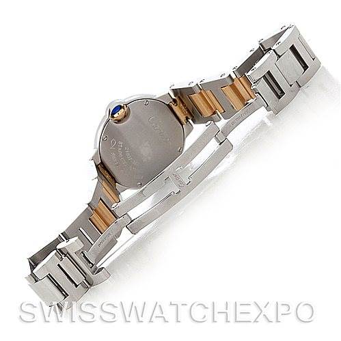 This image shows the back and bracelet of a Cartier Ballon Bleu W69007Z3 Women
s Stainless Steel Silver Dial W69007Z3 Women
s Stainless Steel Silver Dial watch, highlighting its two-tone metal design.