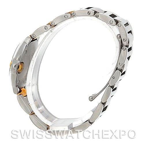 Side view of the Cartier Ballon Bleu W69007Z3 Women
s Stainless Steel Silver Dial W69007Z3 Women
s Stainless Steel Silver Dial watch, showing the bracelet and part of the case and crown.