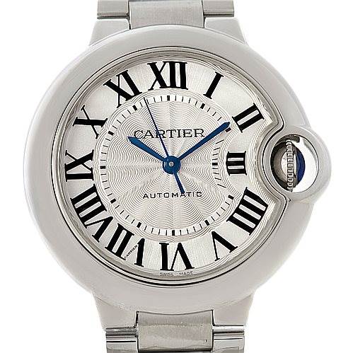 The image shows a front view of the Cartier Ballon Bleu W6920071 Women's Stainless Steel Silver Dial W6920071 Women's Stainless Steel Silver Dial watch, highlighting its Roman numerals, blue hands, and crown encased in a silver-toned frame.