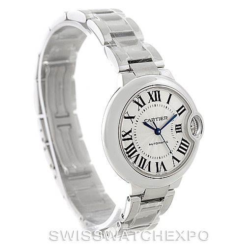 The image shows a side angle of the Ballon Bleu de Cartier watch, highlighting the bracelet and face with Roman numerals and blue hands.