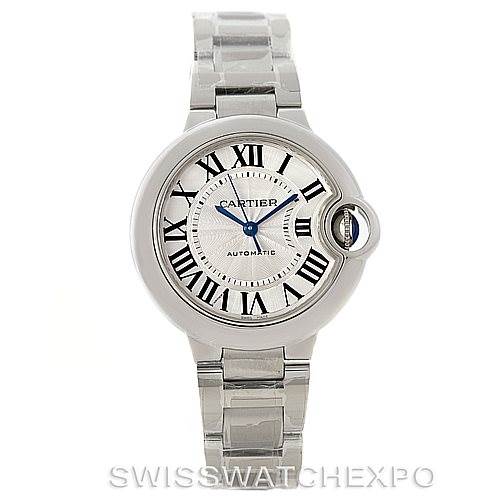 This image shows a front view of a Cartier Ballon Bleu W6920071 Women's Stainless Steel Silver Dial W6920071 Women's Stainless Steel Silver Dial watch displaying its face, hands, and bracelet.