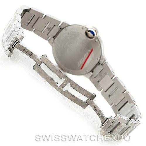 The image shows the back view of a Cartier Ballon Bleu W6920071 Women's Stainless Steel Silver Dial W6920071 Women's Stainless Steel Silver Dial watch, focusing on the bracelet, clasp, and case back.